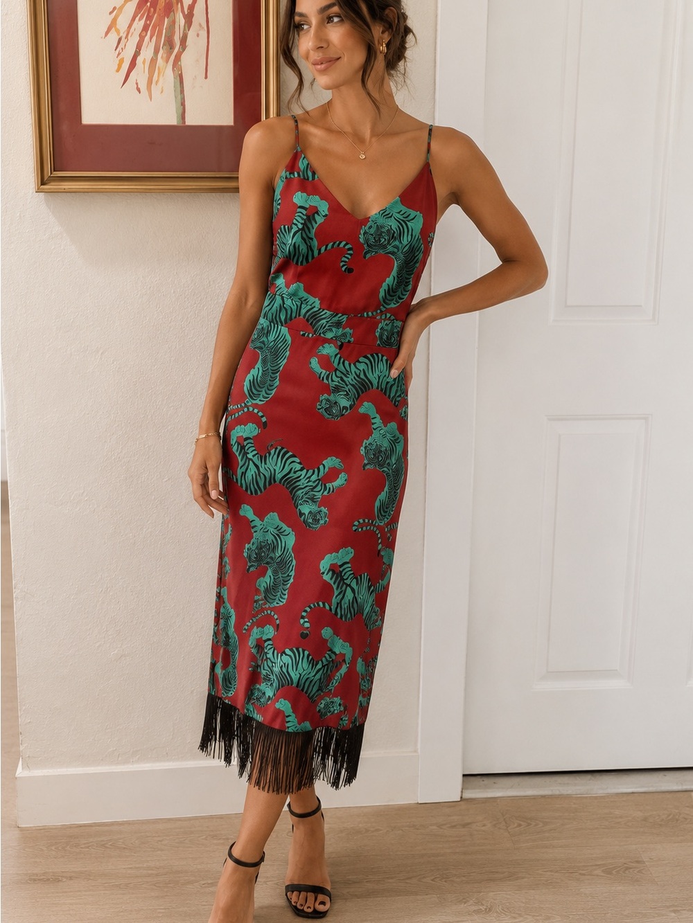 Just Cavalli Green and Burgundy Tiger-Print Slip Dress with Fringe vintage